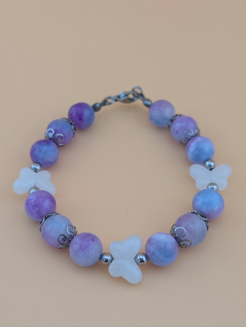 Lavender and White Butterfly Beaded Bracelet With Silver Accents